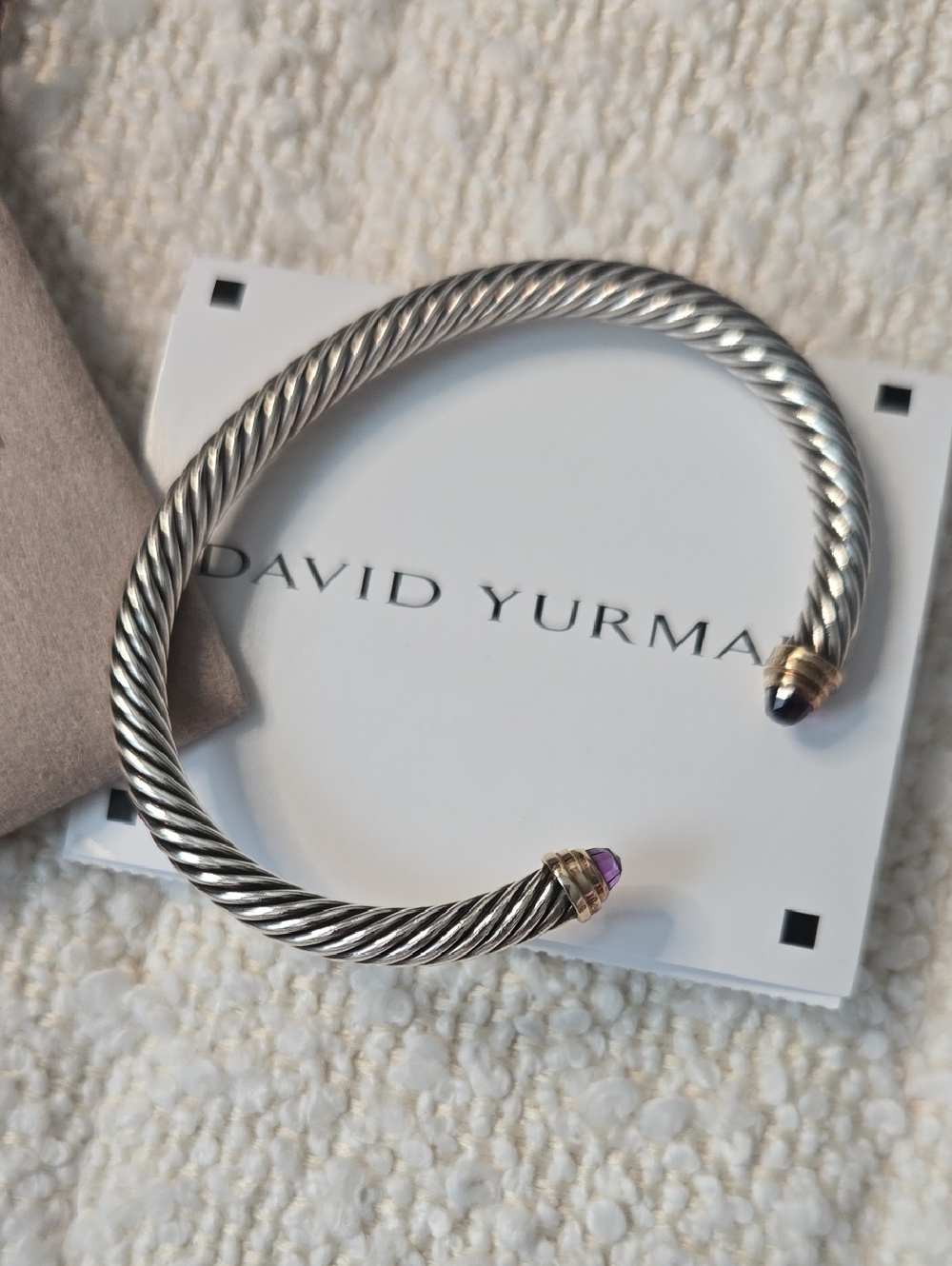 David Yurman Sterling Silver Cable Cuff with Amethyst Gemstone Terminals